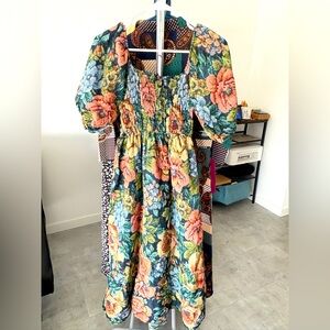 Floral Embroidery Smocked Midi Dress Size S-M